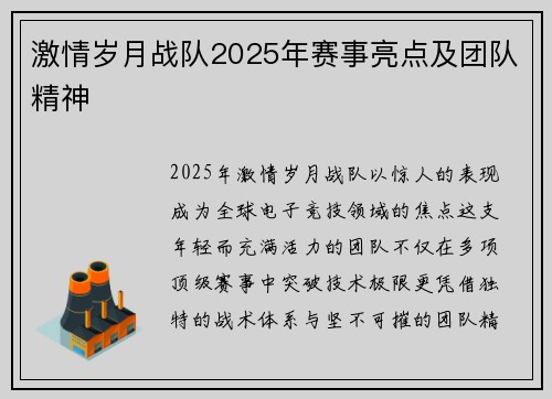 激情岁月战队2025年赛事亮点及团队精神